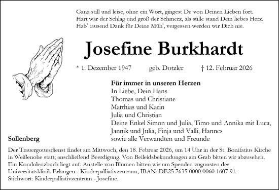 Traueranzeige von Josefine Burkhardt von Nordbayerische Nachrichten Forchheim Lokal
