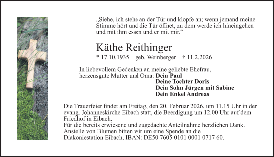 Traueranzeige von Käthe Reithinger von Gesamtausgabe Nürnberger Nachrichten/ Nürnberger Ztg.