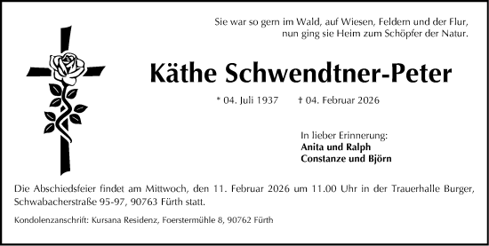 Traueranzeige von Käthe Schwendtner-Peter von Fürther Nachrichten Lokal