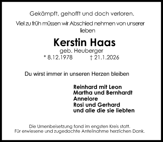 Traueranzeige von Kerstin Haas von Schwabacher Tagblatt Lokal