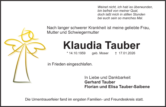Traueranzeige von Klaudia Tauber von Roth-Hilpoltsteiner Volkszeitung Lokal