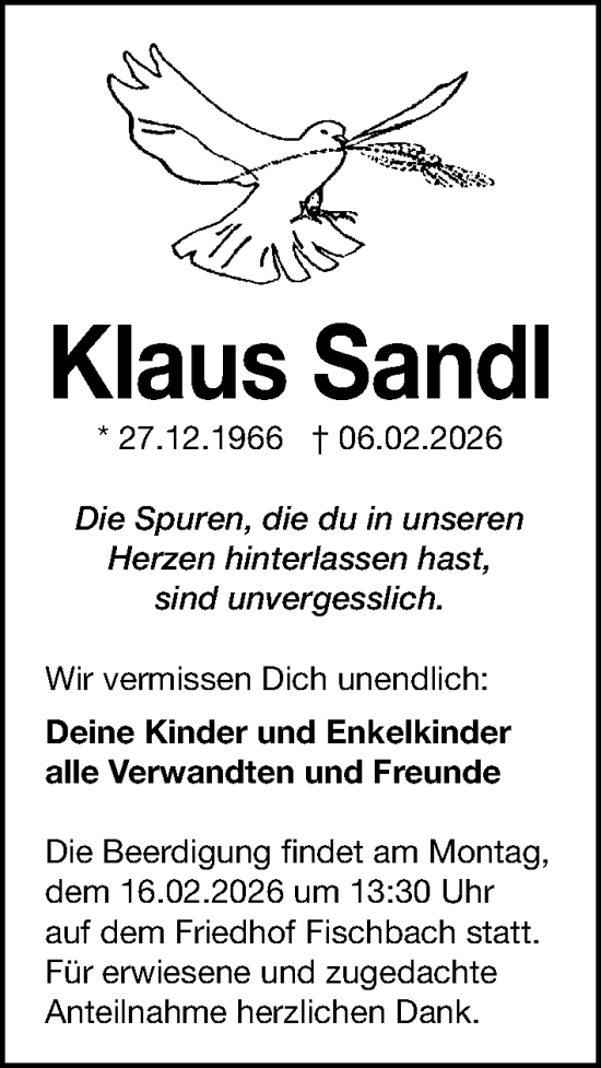 Traueranzeige von Klaus Sandl von Gesamtausgabe Nürnberger Nachrichten/ Nürnberger Ztg.