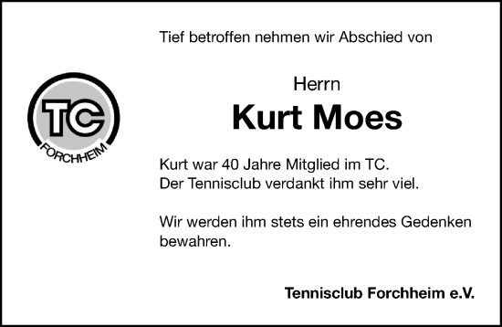 Traueranzeige von Kurt Moes von Nordbayerische Nachrichten Forchheim Lokal