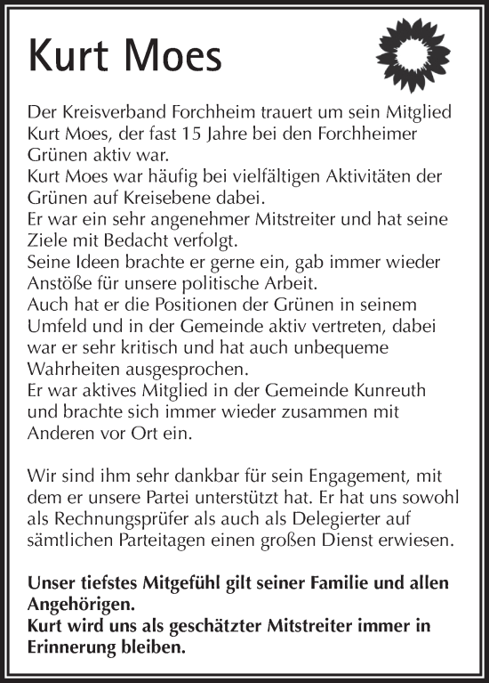 Traueranzeige von Kurt Moes von Nordbayerische Nachrichten Forchheim Lokal