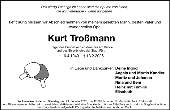 Traueranzeige von Kurt Troßmann von Fürther Nachrichten/ Gesamtausgabe Nürnberger Nachrichten/ Nürnberger Ztg.