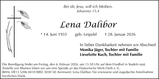 Traueranzeige von Lena Dalibor von Fürther Nachrichten Lokal