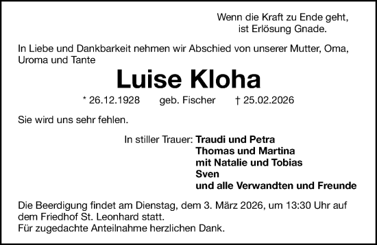 Traueranzeige von Luise Kloha von Gesamtausgabe Nürnberger Nachrichten/ Nürnberger Ztg.