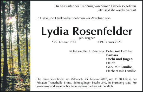Traueranzeige von Lydia Rosenfelder von Gesamtausgabe Nürnberger Nachrichten/ Nürnberger Ztg.