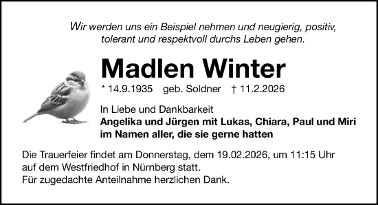 Traueranzeige von Madlen Winter von Gesamtausgabe Nürnberger Nachrichten/ Nürnberger Ztg.