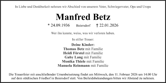 Traueranzeige von Manfred Betz von Erlanger Nachrichten Lokal