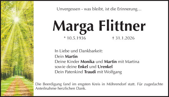 Traueranzeige von Marga Flittner von Erlanger Nachrichten Lokal