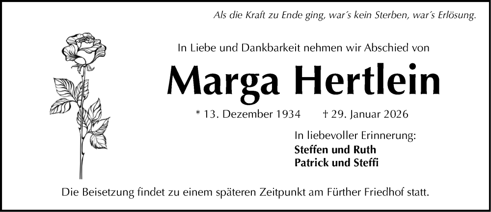  Traueranzeige für Marga Hertlein vom 07.02.2026 aus Fürther Nachrichten Lokal