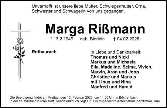 Traueranzeige von Marga Rißmann von Roth-Hilpoltsteiner Volkszeitung Lokal