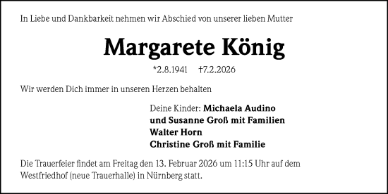 Traueranzeige von Margarete König von Gesamtausgabe Nürnberger Nachrichten/ Nürnberger Ztg.
