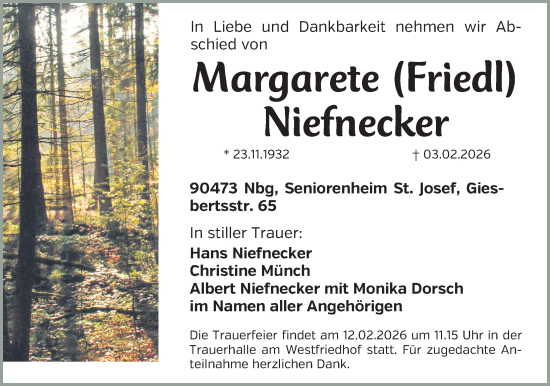 Traueranzeige von Margarete Niefnecker von Gesamtausgabe Nürnberger Nachrichten/ Nürnberger Ztg.
