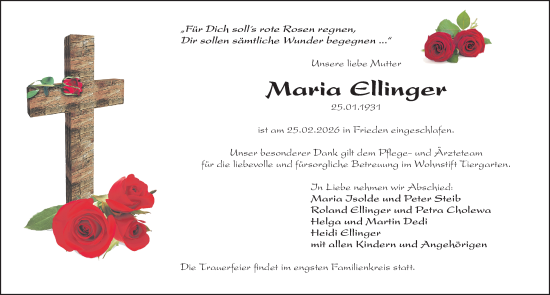 Traueranzeige von Maria Ellinger von Gesamtausgabe Nürnberger Nachrichten/ Nürnberger Ztg.