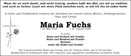 Traueranzeige von Maria Fuchs von Gesamtausgabe Nürnberger Nachrichten/ Nürnberger Ztg.