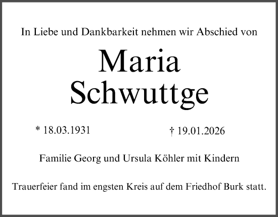 Traueranzeige von Maria Schwuttge von Nordbayerische Nachrichten Forchheim Lokal
