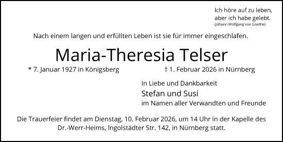 Traueranzeige von Maria-Theresia Telser von Gesamtausgabe Nürnberger Nachrichten/ Nürnberger Ztg.