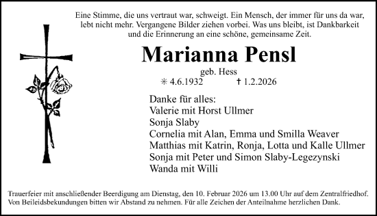Traueranzeige von Marianna Pensl von Erlanger Nachrichten Lokal