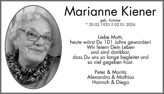 Traueranzeige von Marianne Kiener von Gesamtausgabe Nürnberger Nachrichten/ Nürnberger Ztg.