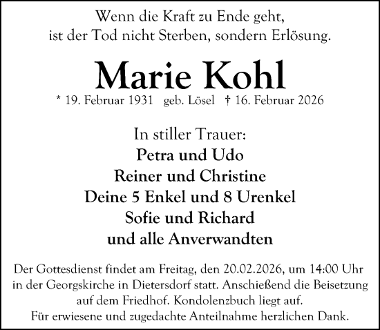 Traueranzeige von Marie Kohl von Schwabacher Tagblatt Lokal