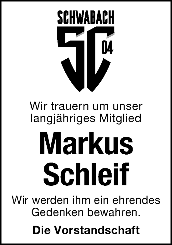 Traueranzeige von Markus Schleif von Schwabacher Tagblatt Lokal
