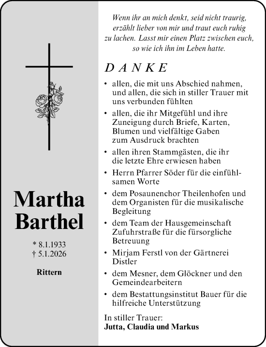 Traueranzeige von Martha Barthel von Altmühl-Bote Lokal