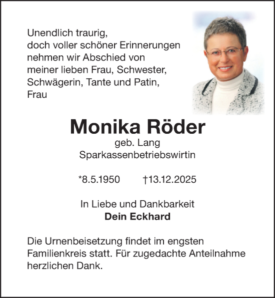 Traueranzeige von Monika Röder von Gesamtausgabe Nürnberger Nachrichten/ Nürnberger Ztg.