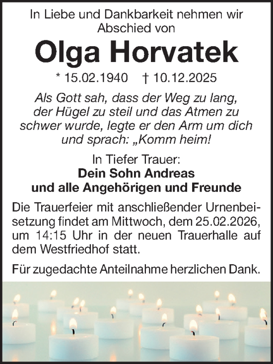 Traueranzeige von Olga Horvatek von Gesamtausgabe Nürnberger Nachrichten/ Nürnberger Ztg.