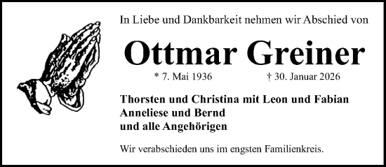 Traueranzeige von Ottmar Greiner von Gesamtausgabe Nürnberger Nachrichten/ Nürnberger Ztg.
