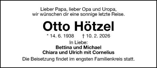Traueranzeige von Otto Hötzel von Gesamtausgabe Nürnberger Nachrichten/ Nürnberger Ztg.