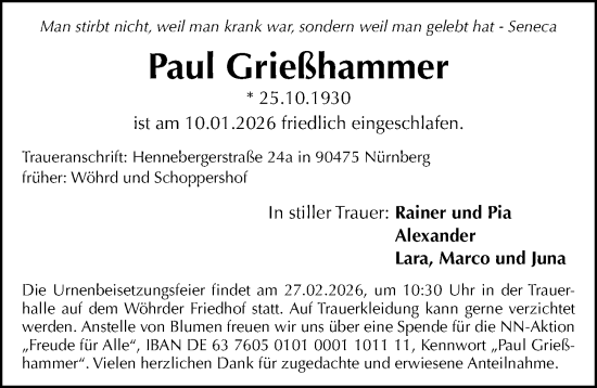 Traueranzeige von Paul Grießhammer von Gesamtausgabe Nürnberger Nachrichten/ Nürnberger Ztg.