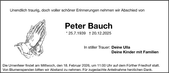 Traueranzeige von Peter Bauch von Fürther Nachrichten Lokal