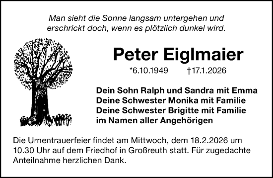 Traueranzeige von Peter Eiglmaier von Gesamtausgabe Nürnberger Nachrichten/ Nürnberger Ztg.
