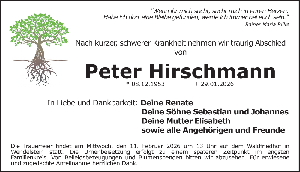 Traueranzeige für Peter Hirschmann vom 07.02.2026 aus Gesamtausgabe Nürnberger Nachrichten/ Nürnberger Ztg.