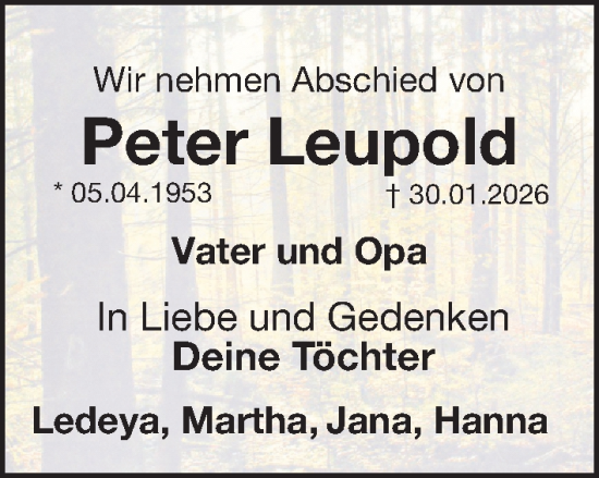 Traueranzeige von Peter Leupold von Gesamtausgabe Nürnberger Nachrichten/ Nürnberger Ztg.