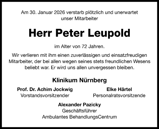 Traueranzeige von Peter Leupold von Gesamtausgabe Nürnberger Nachrichten/ Nürnberger Ztg.