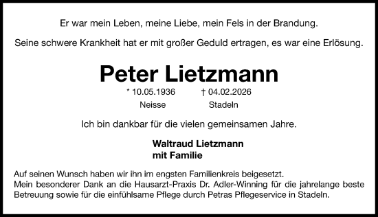 Traueranzeige von Peter Lietzmann von Fürther Nachrichten Lokal