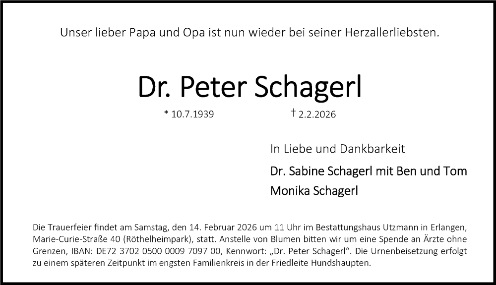  Traueranzeige für Peter Schagerl vom 07.02.2026 aus Gesamtausgabe Nürnberger Nachrichten/ Nürnberger Ztg.