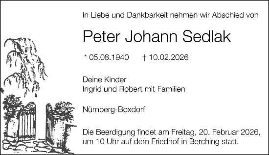 Traueranzeige von Peter Johann Sedlak von Gesamtausgabe Nürnberger Nachrichten/ Nürnberger Ztg.