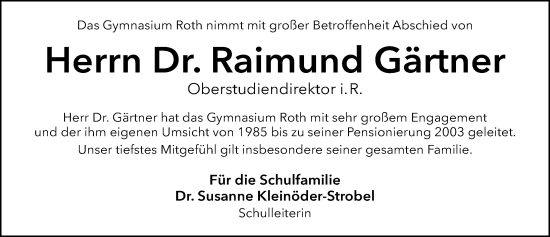 Traueranzeige von Raimund Gärtner von Roth-Hilpoltsteiner Volkszeitung Lokal