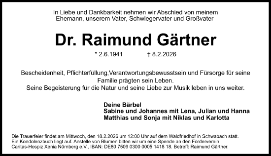 Traueranzeige von Raimund Gärtner von Schwabacher Tagblatt Lokal