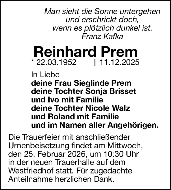 Traueranzeige von Reinhard Prem von Gesamtausgabe Nürnberger Nachrichten/ Nürnberger Ztg.