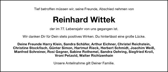 Traueranzeige von Reinhard Wittek von Gesamtausgabe Nürnberger Nachrichten/ Nürnberger Ztg.