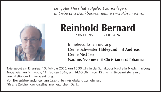 Traueranzeige von Reinhold Bernard von Nordbayerische Nachrichten Forchheim Lokal
