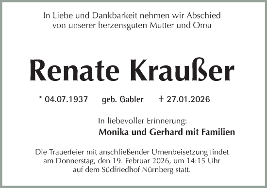 Traueranzeige von Renate Kraußer von Gesamtausgabe Nürnberger Nachrichten/ Nürnberger Ztg.
