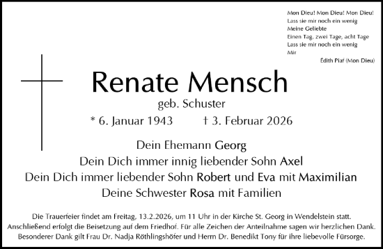 Traueranzeige von Renate Mensch von Gesamtausgabe Nürnberger Nachrichten/ Nürnberger Ztg.