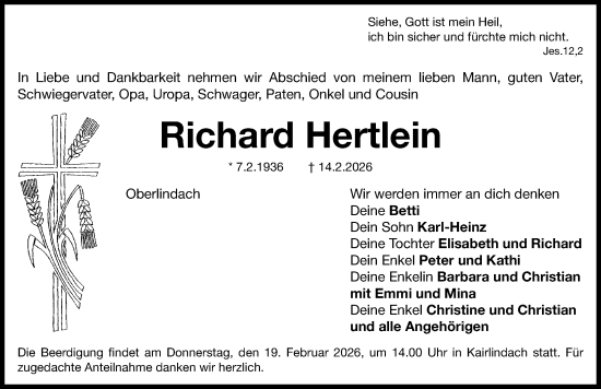 Traueranzeige von Richard Hertlein von Erlanger Nachrichten Lokal