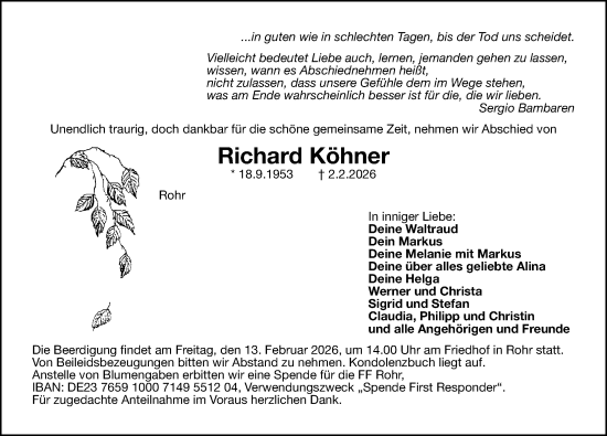 Traueranzeige von Richard Köhner von Gesamtausgabe Nürnberger Nachrichten/ Nürnberger Ztg./ Schwabach